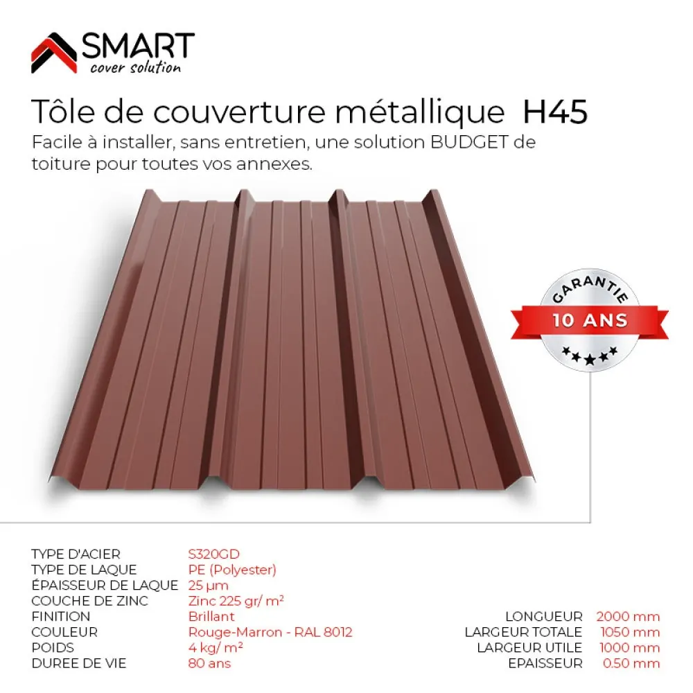 Tôle bac acier laquée rouge (3 m)